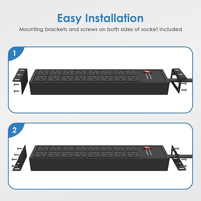 JUNNUJ Heavy Duty 20 Amp Power Strip 4800J, 16 Outlets 12 Gauge Garage Industrial Surge Protector, High Amp 5-15P Adapter Shop 6-20R T-Slot Metal Outlet, 6 FT Extension Cord Commercial for Appliance