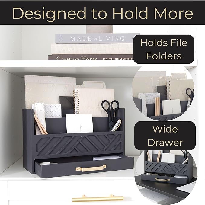 BLU MONACO Grey Wooden Desk Organizer with Drawer and Gold Handle – Perfect Desk Accessories for Home Office Organization – Desktop Mail Storage for Office Supplies