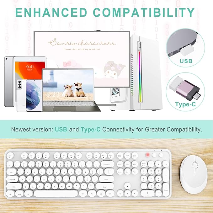 Wireless Keyboard and Mouse Combo, Ergonomic Full Size Typewriter Retro Round Keycaps Keyboard, Compatible with Windows, PC, Perfer for Home and Office Keyboards（White）