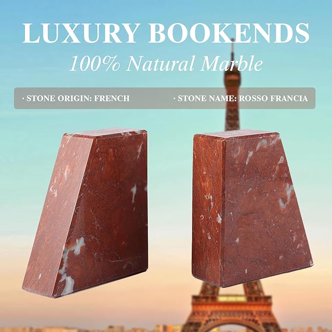 Koville Marble Bookends for Shelves, Large Bookends for Heavy Books, Non-Slip Heavy Duty Book Stopper for CD/Movies, Aesthetic Decorative Book Ends for Bookshelf Table Home Decor(Red)