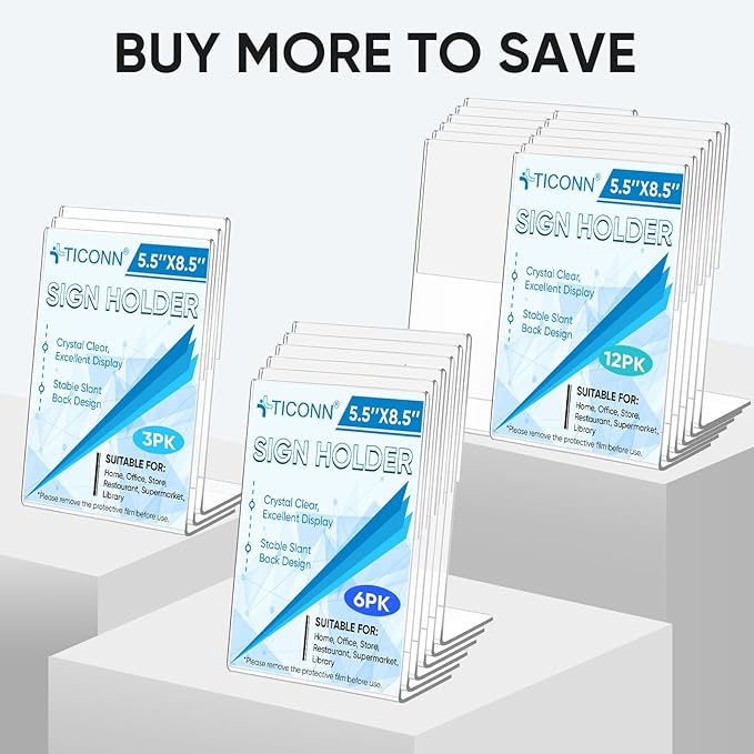 TICONN 5.5 x 8.5 Acrylic Sign Holder, L Shape Clear Sign Stand for Displaying, Plastic Paper Holder for Office, Store, Restaurant (Vertical 12 Pack)