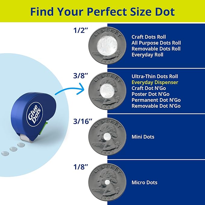Glue Dots, Dispenser for everyday uses, 6-pack, 750 total dots, 3/8", .375 Inches, Movable, Repositionable, Multi-Functional, Label Containers, Glue Stick and Tape Alternative, Clear