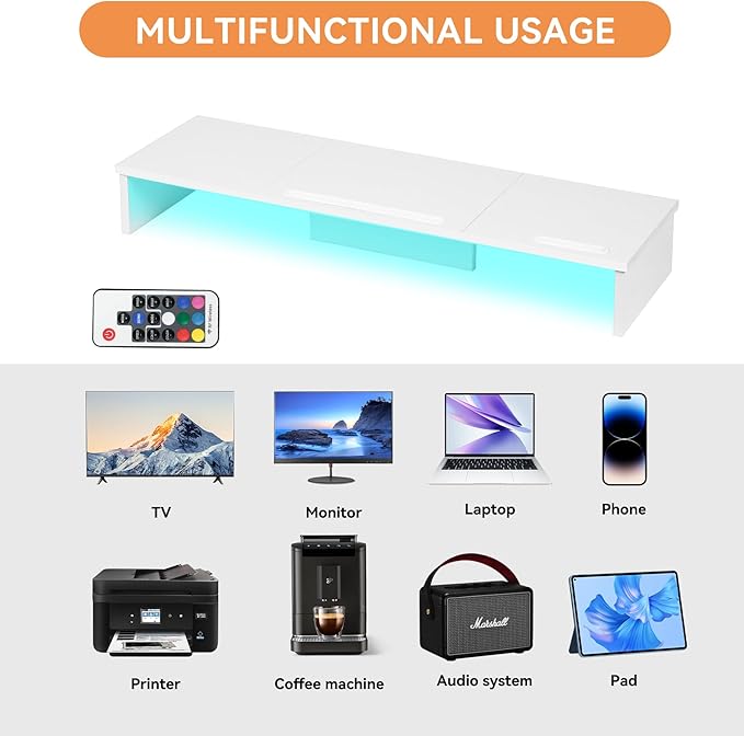 TV Riser Stand with LED Lights, 42.5in Super Large Monitor Stand with Phone Tablet Holder, Tabletop TV Stand Riser for Desk, Desktop Organizer for Computer, TV, Laptop, Printer