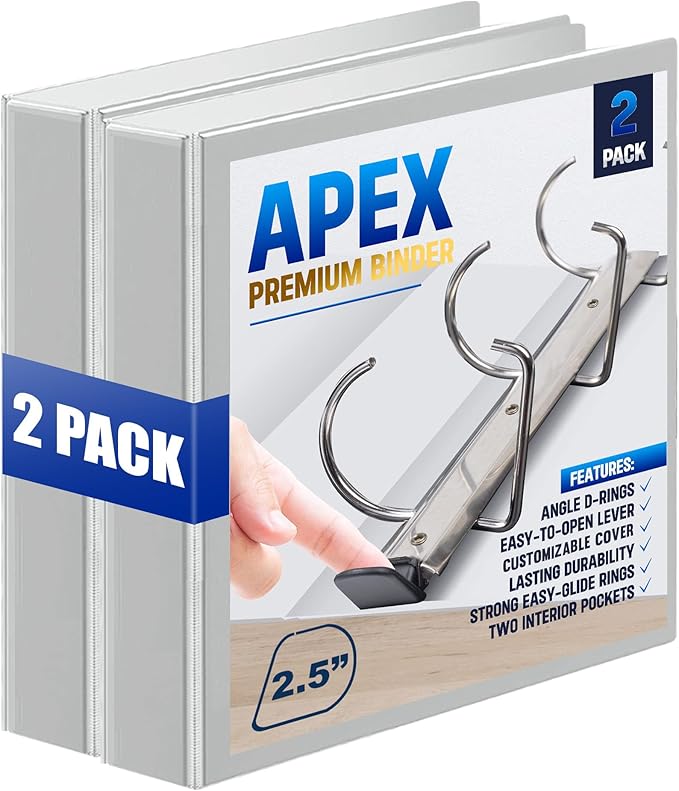 2 Pack of 2.5” Smooth Opening Angle D-Ring View Binders, Professional Presentation Folder for Standard Pages with Inside Pockets, and Customizable Clear View Binder PVC-Free