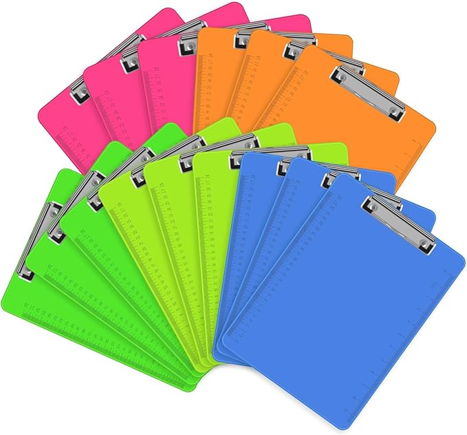 HERKKA 15 Pack Plastic Clipboards, Assorted Color, Low Profile, Standard A4 Letter Size