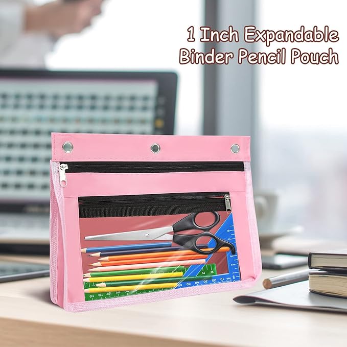 YoeeJob 1 Pack Pencil Pouch for 3 Ring Binder, Expandable Binder Pouches with Zipper, Large Capacity Pen Holder Case with Clear Window School Class Office Organizers, Pink