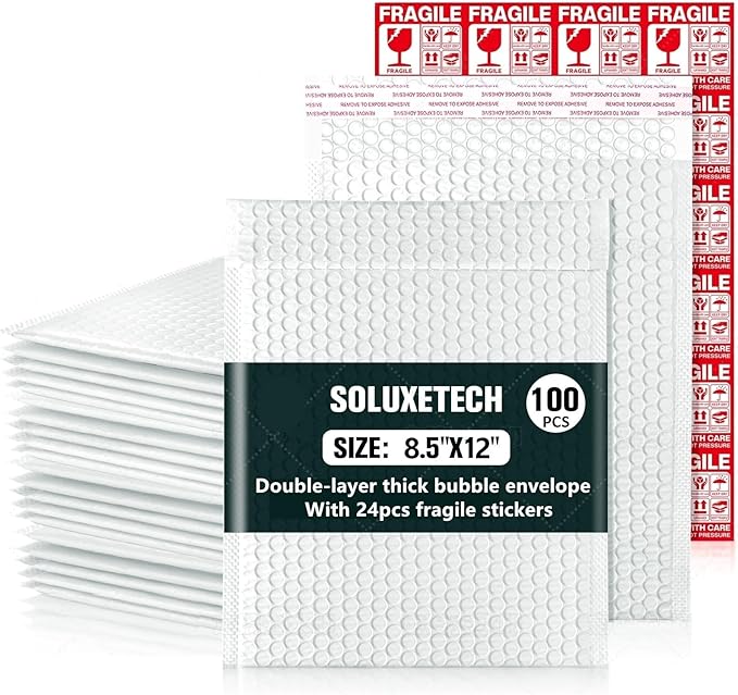 Bubble Mailers 8x12'' 100 Pack and 24PCS Fragile Stickers White Thick Waterproof Padded Poly Envelopes Bubble Wrap Mailers Self Seal Shipping Bags for Mailing Small Business Homes Envelope Mailers #2