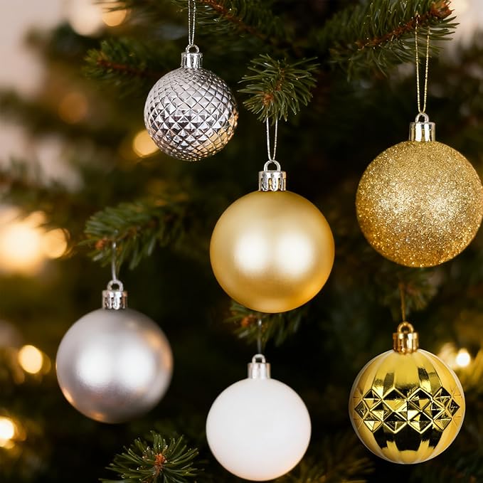 Christmas Tree Decorations Ornament Set, 60ct 2.36 Inches White Sliver and Gold Shatterproof Christmas Ball Ornaments, Hanging Ball for Xmas Holiday Wedding Party Decor