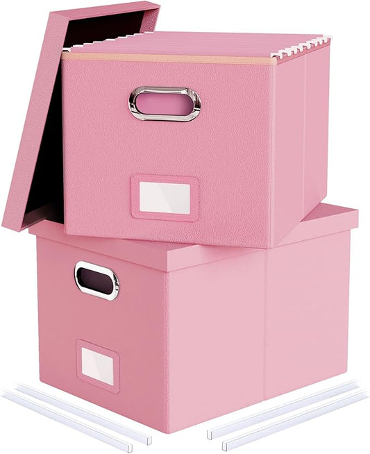 2 Pack Pink Leather File Storage Organizer with Lid - Portable Filing Box for Letter/Legal File Folder Storage