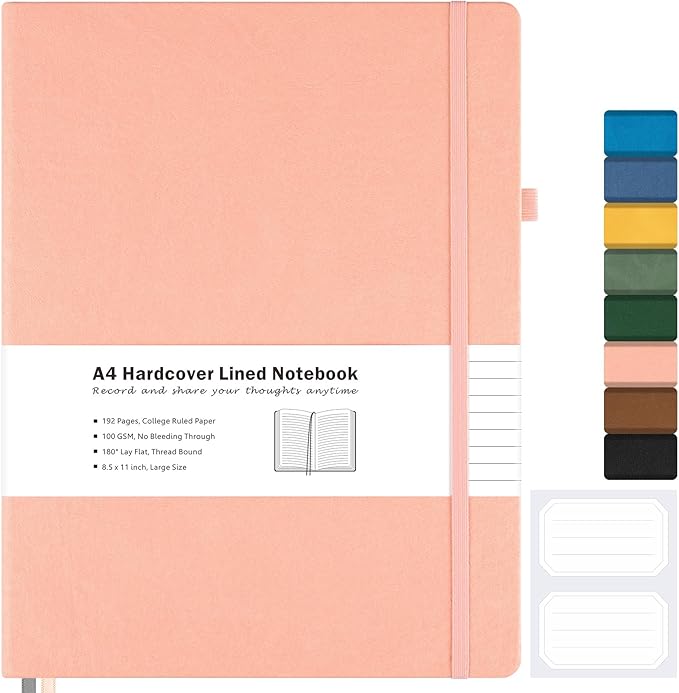 College Ruled Notebook, A4 Hardcover Leather Notebook for Work, Lined Notebook Journal for Women, Men, 192 Thick Paper, 8.5" x 11", Large Notebook with Pockets, Professional Business Notebook, Pink