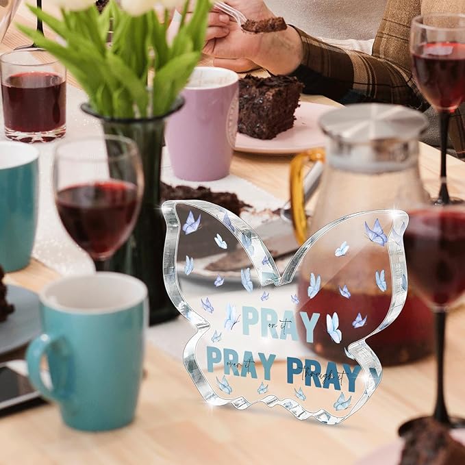 Blue Religious Plaques Christian Woman Decor Gifts, Blue Christian Gifts for Women, Modern Home Office Room Bathroom Bedroom Desk Accessory -Pray On It Pray Over It -Bible Verse Sign(Butterfly)