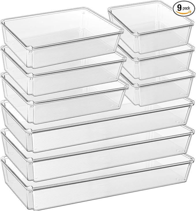 9 Pack Large Plastic Drawer Organizers Set, Clear Drawer Organizer Bins for Desk, Bathroom, Kitchen, Utensils, 3 Size Versatile Acrylic Drawer Organizer Trays