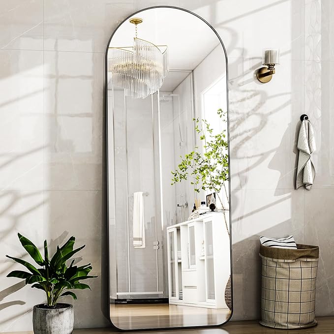 HARRITPURE Arched Full Length Mirror - 64" x 21" Large Floor Mirror Aluminum Frame Dressing Mirror with Stand for Bedroom/Living Room Wall Mounted, Black