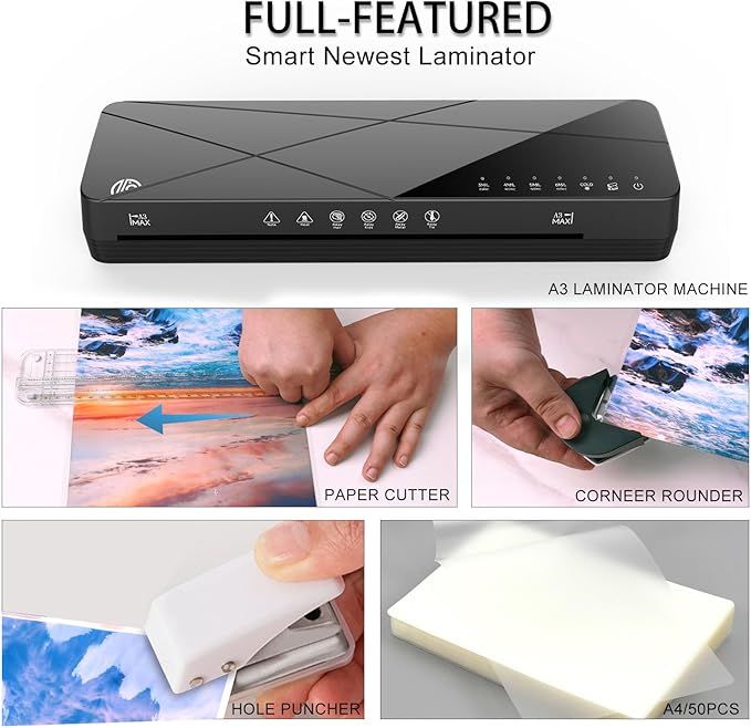 Crenova Laminator Machine 13 inch, Laminating Machine with 50 Laminating Sheets 60s Quick Warm Up Auto-Off, 6 in1 Lamination Machine ABS Jam Free for Home Office School, Black