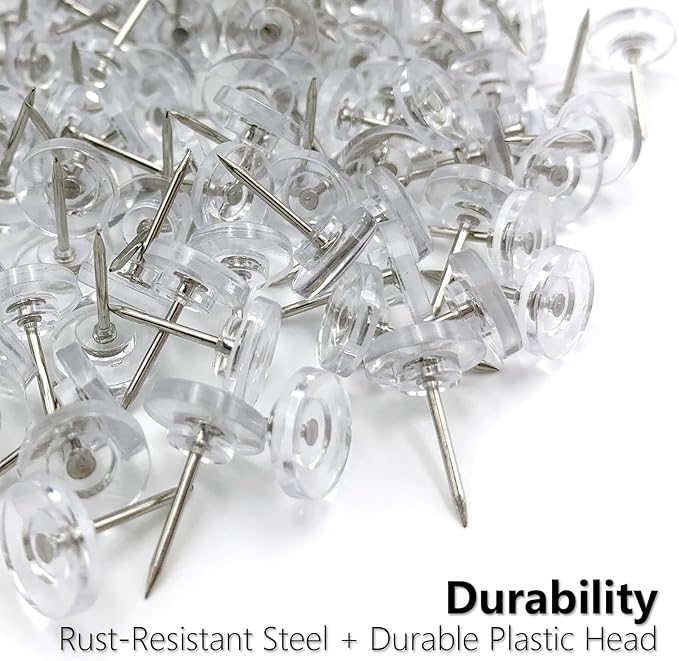 150 Pack Clear Push Pins Tacks, Flat Head Thumbtacks for Bulletin Board, Cork Board, Shadow Box, Wall Hanging – Heavy Duty Plastic Head with Steel Point in Reusable Storage Box