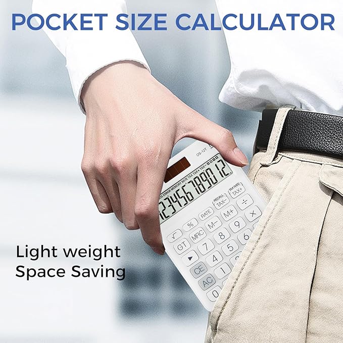 Pendancy Pocket Small Size Desk Calculator, 12 Digit Large LCD Display, Basic Tax Function Handheld Desktop Calculator with Solar Battery Dual Power, for Office, School, Business OS-12T (White)