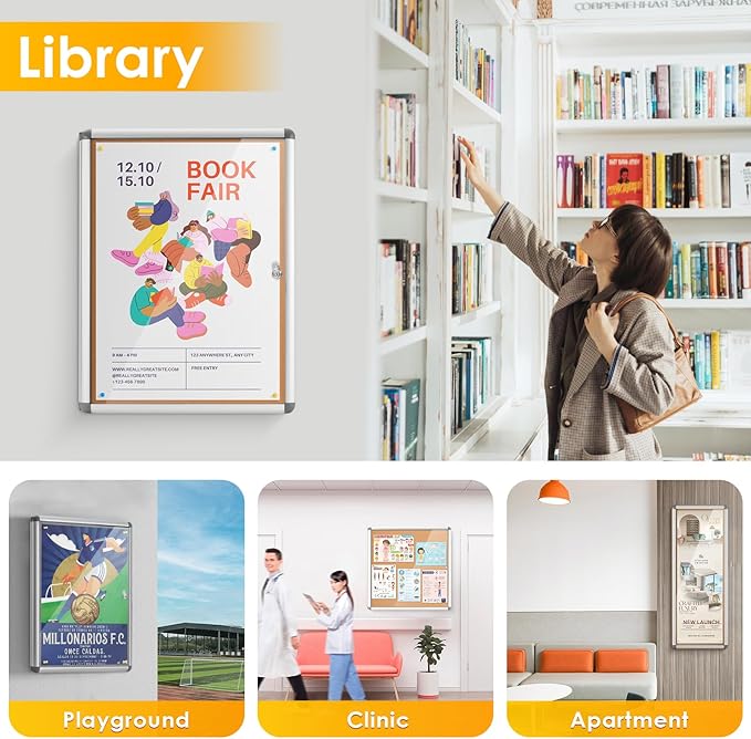 S SWANCROWN Enclosed Bulletin Board 24x18 in, Tamperproof Lockable Cork Board Wall Display Case for Office School Home, Aluminum Frame