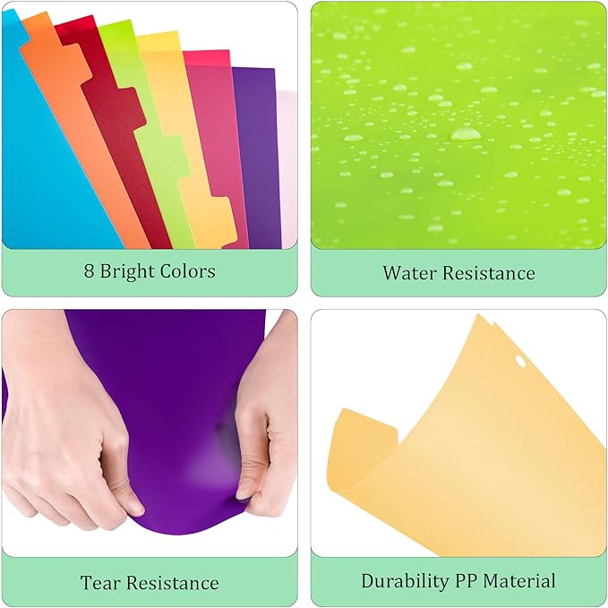 48PCS/6 Set Binder Dividers with Tabs, 8-Tab Dividers for 3 Ring Binder, 3-Hole Punched Letter Size Plastic 3 Ring Binder Dividers for School Office Home Document Organizer, Multicolor