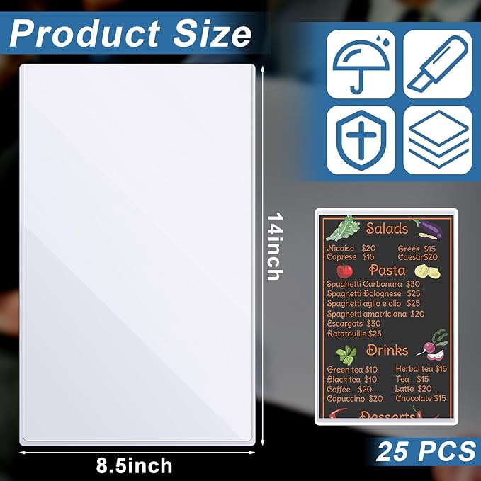 Henoyso 25 Pcs 8.5" x 14" Menu Cover Rigid Print Protectors Clear Heavy Duty Menu Holder Poster Protector Sleeve Hard Plastic Paper Sleeves for Page Sheet Photographs Document Birth Certificate
