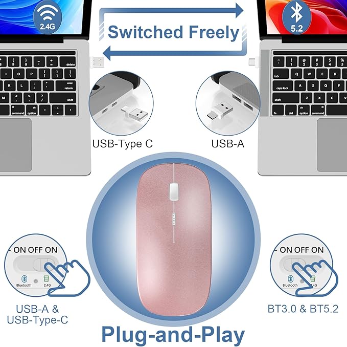 Mouse for Laptop Wireless Bluetooth - MacBook Air Mac Pro PC iPad Optical Rechargeable Silent Mouse with Jiggler Dual Mode Switch Bluetooth 5.2/3.0 and 2.4GHz USB-A and Type-C Receiver Gray