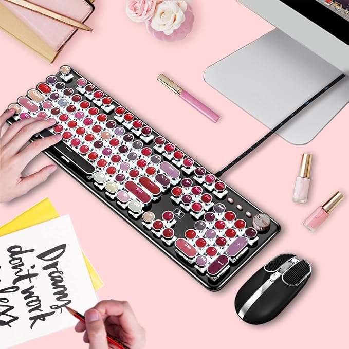 Basaltech Typewriter Style with White LED Backlight,Vintage Mechanical Gaming Keyboards with Lipstick Round Keycaps, Blue Switches 104-Keys Wired Keyboard Metal Panel for Laptop/pc