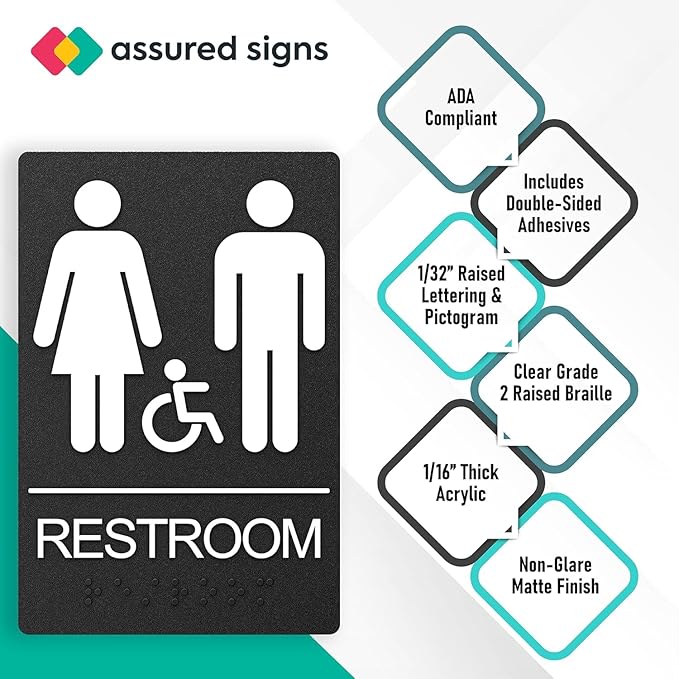 ASSURED SIGNS Unisex Bathroom Signs, Restroom Sign For Business - For Unisex Men and Women - 10 Pack - 9" by 6" - ADA Compliant with Braille and Handicap Symbol - Strong Double-Sided Adhesives Included - Apply to Door or Wall
