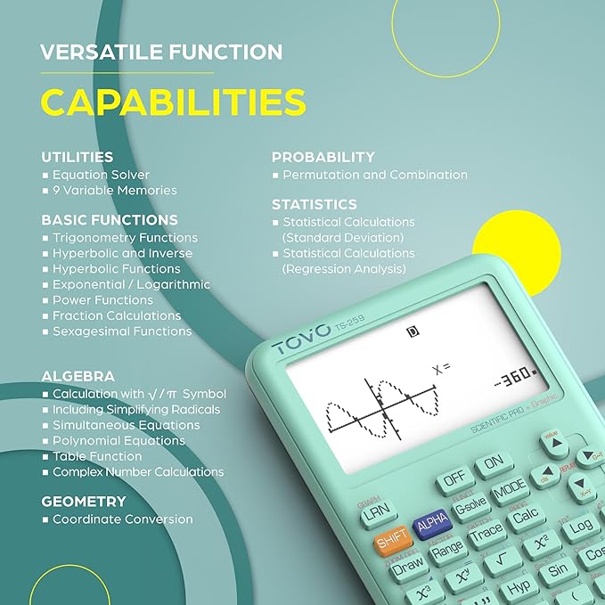 TOVO Scientific Calculator with Graphing Functions, Multiple Modes, 360 Functions, Large Screen, Intuitive Interface for Beginners, High School & Advanced Courses, TS-259 (Developed by CATIGA)