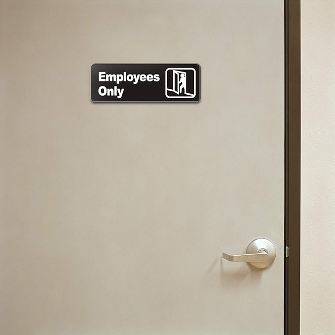 "Employee Only" Informative Acrylic Plastic Sign with Symbols, (4 Pack) 9 X 3 Inch, Self Adhesive, Use for Office/Business, Easy to Apply, White Big Letters on Black Plate