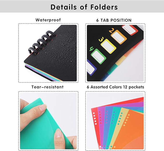 12-Pocket Expanding File Folder with Removable Pages, 6 Numbered Tabs, Colorful A4 Organizer for Office and School