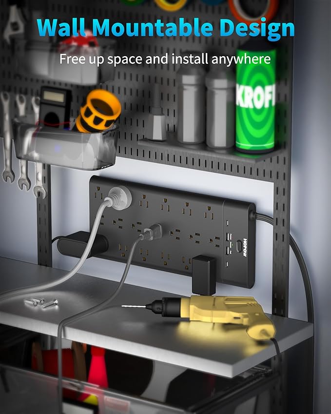 Flat Plug Power Strip, Surge Protector with 19 Outlets and 4 USB Ports, HOPOW 6 Ft Heavy Duty Extension Cord, 1875W, 2100J Surge Protection, Wall Mount for Home, Office, Gaming Room, Dorm, Black