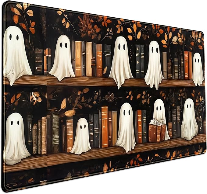 Cute Ghost Desk Mat Bookish Desk Pad XXL Mouse Keyboard Pad, Dark Academia Desk Pad Medieval Flower XXL Mousepad Extended Laptop Computer Keyboard Mat with Stitched Edges Funny Deskpad 31.5x15.7 in