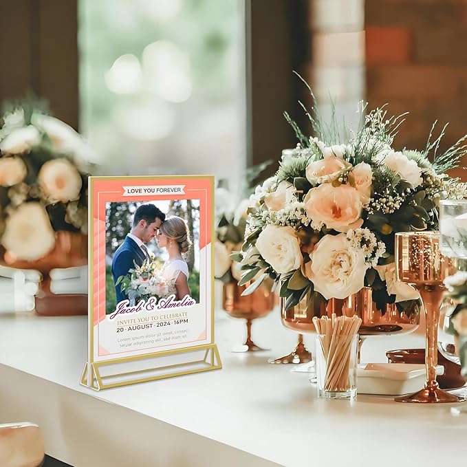 Acrylic Sign Holder 8.5 x 11 Inch - 3 Pack Gold Picture Frame Vertical Double-Sided Display Stands,Flyer Holder & Plastic Paper Holder - Vendor Booth Display Items for Wedding Business Store Party