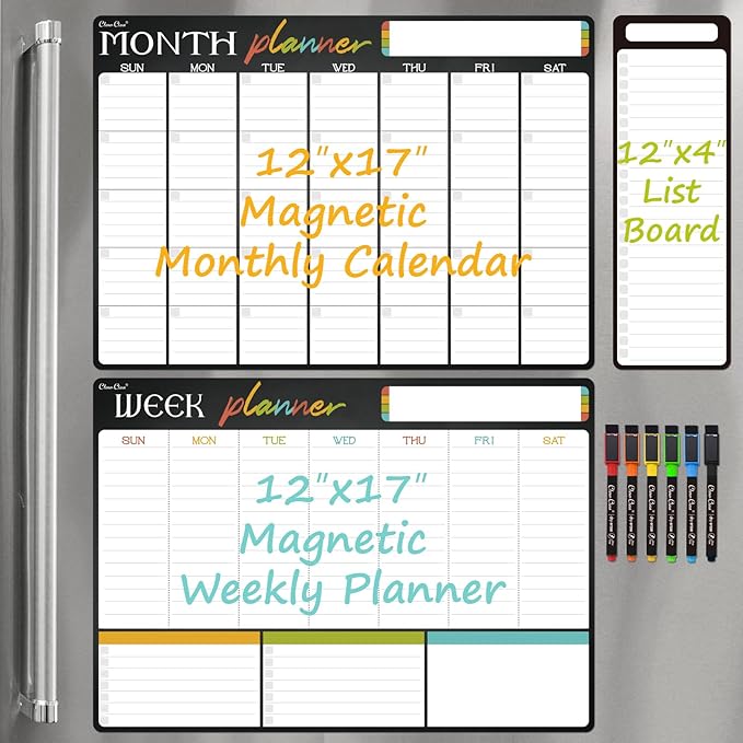Magnetic Dry Erase Monthly Calendar Set - 17"x12" Monthly and Weekly Calendar, 4"x12" List Board for Fridge - 6 Extra Fine Point Markers Included - Shipped Flat