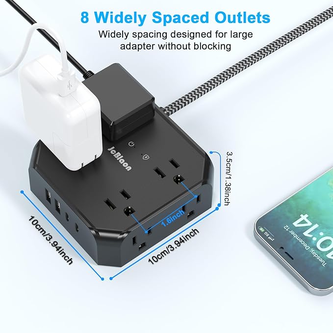 Surge Protector Power Strip-15 Ft Flat Plug Extension Cord with 8 Widely Outlets and 4 USB Ports(2 USB C) Multi Plug Outlet Extender for Office, School, Travel and Dorm Room Essentials-Black