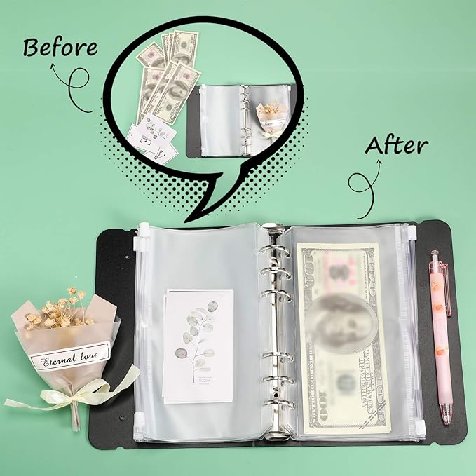 60 Packs A6 Size 6 Holes Binder Pockets Plastic Binder Zipper Folders Waterproof 6 Holes Zipper Loose Leaf Bags for Documents Notebooks Cards