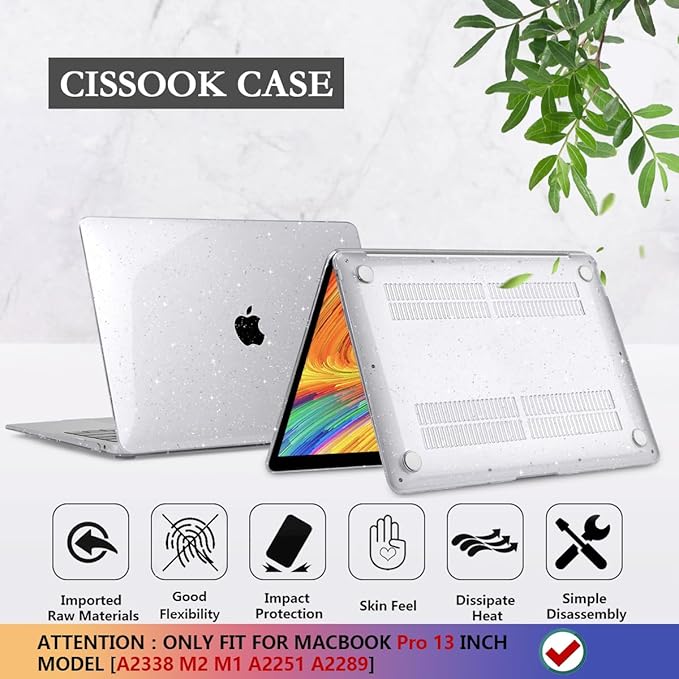 CISSOOK Clear Glitter Case for MacBook Pro 13 Inch 2020-2025 Release A2338 A2251 A2289, Plastic Bling Hard Shell Case with Keyboard Cover for MacBook Pro 13 M1 M2 Sparkly