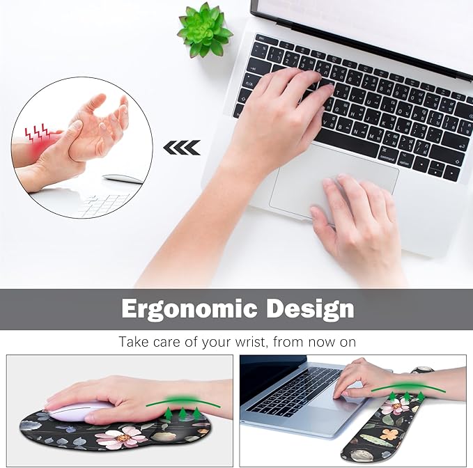 ARTSO Desk Mat, Large Gaming Mouse Pad Wrist Support Set, Ergonomic Keyboard Wrist Rest Desk Pad with Coaster Combo, Extended Mousepad with Non-Slip for Home Office, Flowers Plants