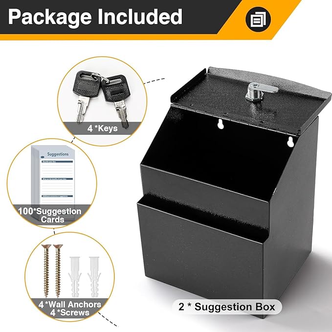 Suggestion Box with Slot and Lock 2 Pcs Metal 8.4 x 5.8 x 7.0 inch Built-In Storage Compartment 100 Suggestion Card Tip Jar Ballot Voting Prayer Comment Mailbox Booth Classroom Restaurant