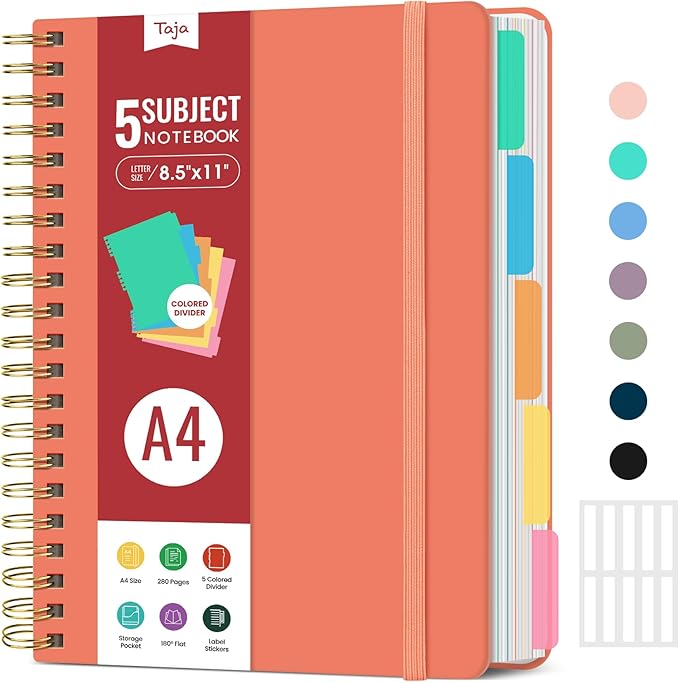 Hardcover Spiral Journal Notebooks for Work With Removable Dividers & Tabs, 8.5"x11" 5 Subject Notebook for Note Taking & Organizer, A4 College Ruled Lined Journal for Women & Writing, Coral, 280 Pages