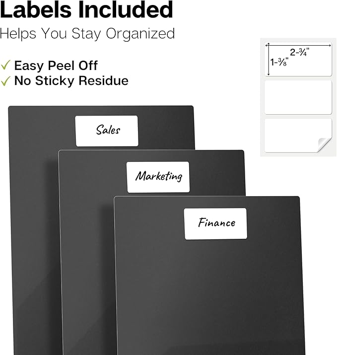 Dunwell Plastic Folders with Pockets (Black, 3 Pack), 2 Pocket Poly Folders for School, Home or Office, Durable Acid-Free Poly, Includes Removable Adhesive Labels