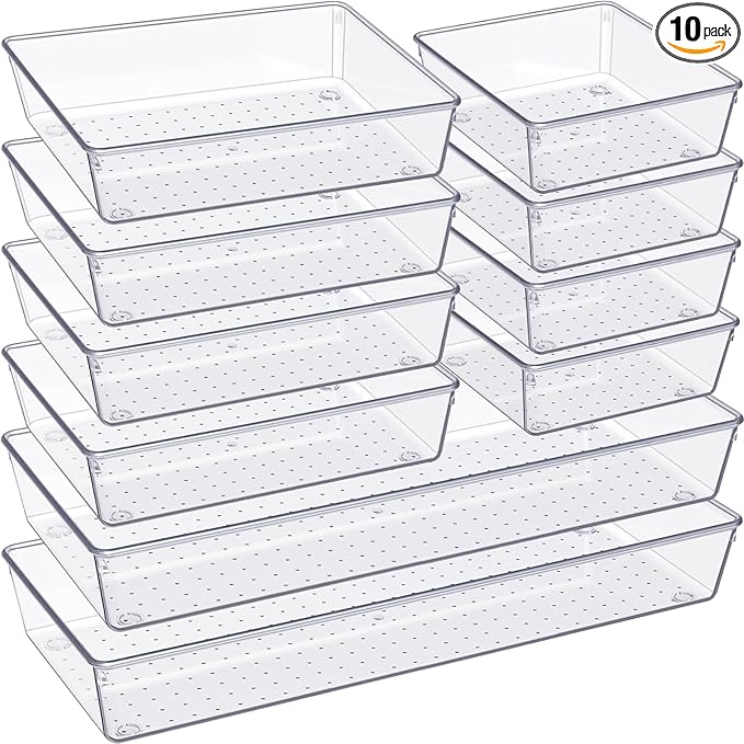 Criusia Drawer Organizer, 10 Pack Large Clear Plast Set, 3 Size Versatile Bathroom and Vanity Organizer Trays, Storage Bins for Makeup, Bedroom, Kitchen Utensils