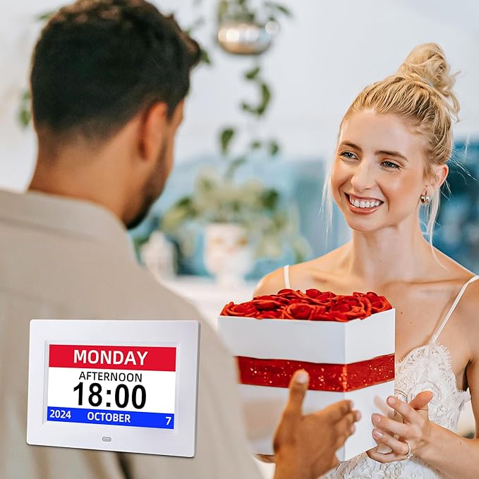 Digital Calendar Alarm Clock for Seniors, Electric Large Display with Date Day of Week Time Clock, 12 Custom Alarms, Auto-Dimming, Medication Reminder, Dementia-Friendly Design