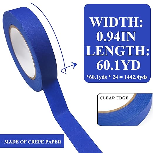 Blue Masking Tape, Painters Tape, Painting Tape (1442.4yd=0.94IN*60.1yd*24), Original Multi-Surface Easy Removal Paint Tape with Medium Adhesive Backing for Indoor Outdoor Use, 24 Rolls