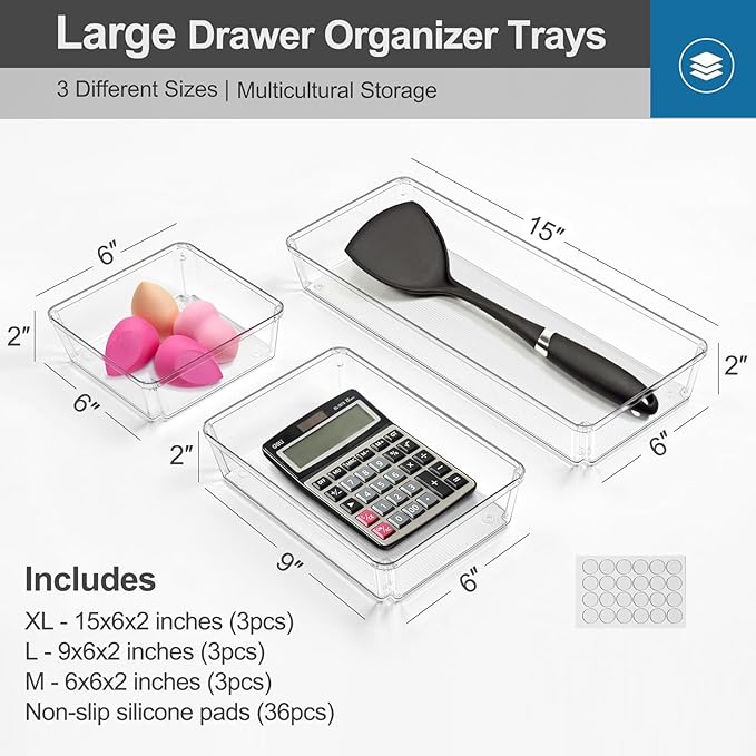 9 Pack Large Plastic Drawer Organizers Set, Clear Drawer Organizer Bins for Desk, Bathroom, Kitchen, Utensils, 3 Size Versatile Acrylic Drawer Organizer Trays