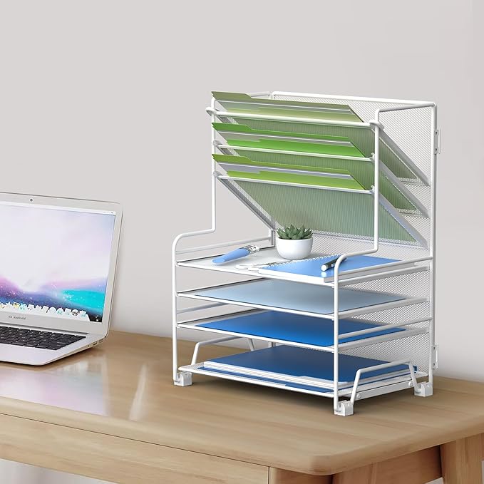 4-Tier Paper Organizer + 3-Pocket File Holder + Drawer + Pen Holders, Desktop File Organizers Paper Tray for Office Supplies School Classroom Organization (White, no Drawer & Pen Holder)
