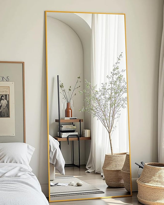 Full-Length Floor Mirror with Stand, 58"x18" Rectangle Style Full Body Standing Mirror for Bedroom, Living Room, Gym, Dorm - Shatter-Resistant & Easy Assembly, Gold
