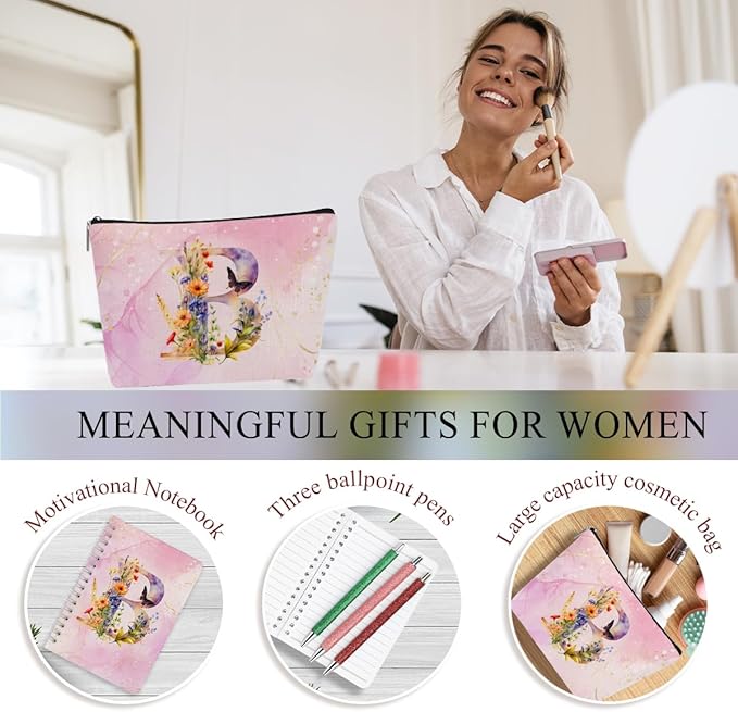 Personalized Gifts Monogrammed Birthday Gifts for Women, Cowerker Mom Boss Day Christmas Initial 20 oz Tumbler, Makeup Bag Cup Ballpoint Pens Journal Notebook 6 Set, (Aesthetic Pink Flower B)