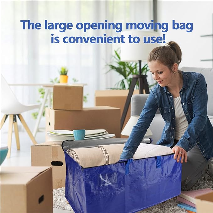 8 Pack Real 100lb Capacity Heavy Duty Moving Bags with Strong Zippers and Reinforced Handles, Extra Large Storage Totes for Packing & Moving Storing, Space Saving Alternative to Moving Boxes-95L,Blue