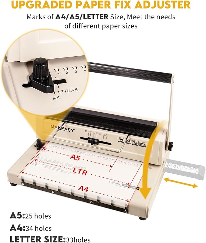 MAKEASY Binding Machine - Wire Binding Machine, 34 Hole, 15 Sheets Punch Capacity, Metal Book Maker Machine with 1 Box Wire Spines & Ring Opener