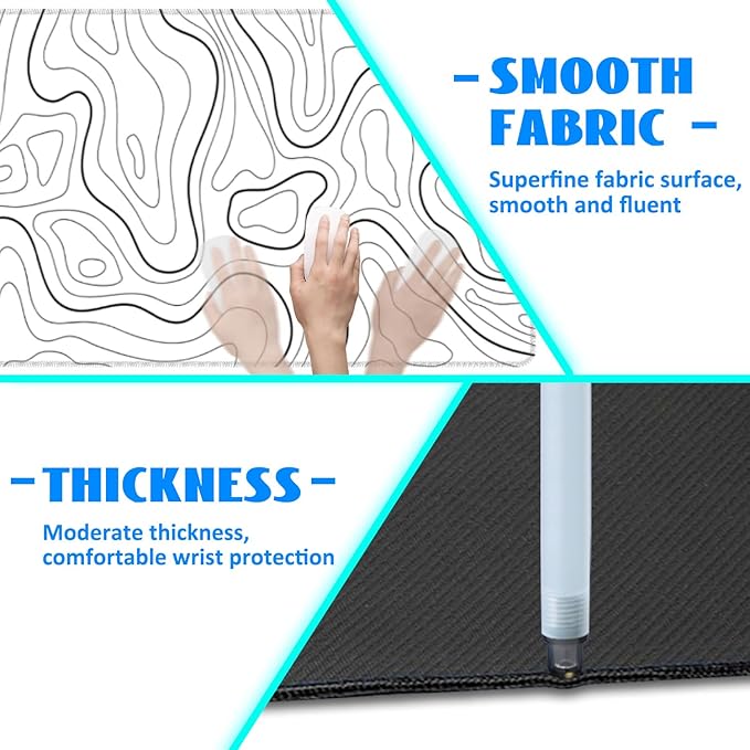 Desk Mat, White Topographic Contour Map Extended Gaming Mouse Pad Large, 35.4"x15.7" Big Mouse Pad with Non-Slip Base and Stitched Edge, Long Computer Keyboard Mouse Mat for Home Office Work